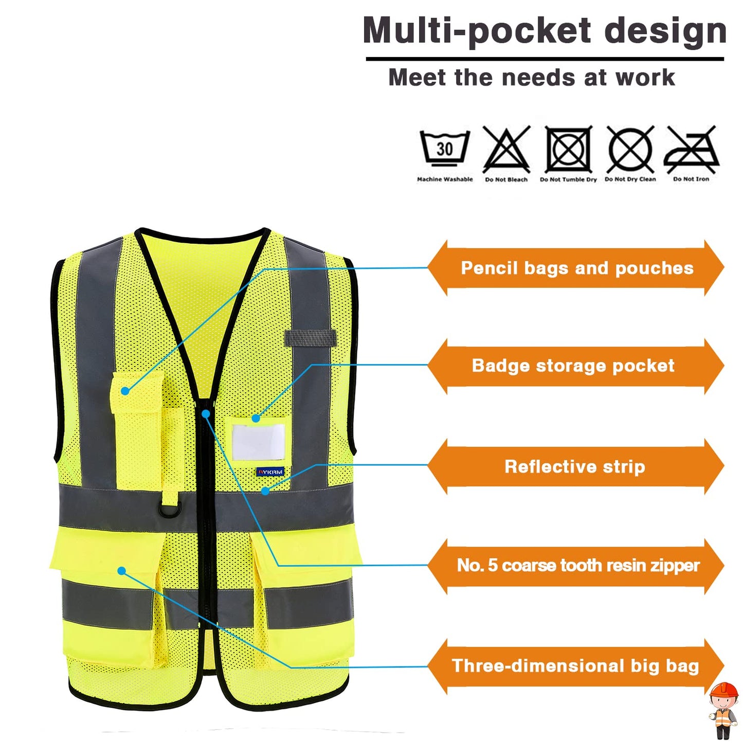 A-SAFETY 7pocket High Visibility Safety Vest Zipper, Construction Vest Reflective Strips ANSI/ISEA Standards for Motorcycle, Running,work, Bicycle Riding Outdoor Activities, Yellow