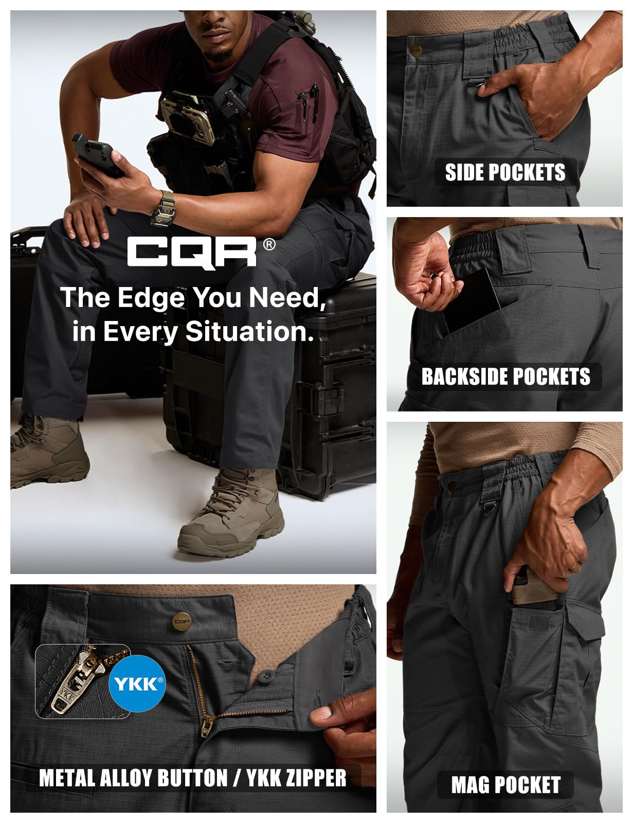 CQR Men's Tactical Pants, Water Resistant Ripstop Cargo Pants, Lightweight EDC Work Hiking Pants, Outdoor Apparel, Raider Mag Pocket Black, 40W x 34L
