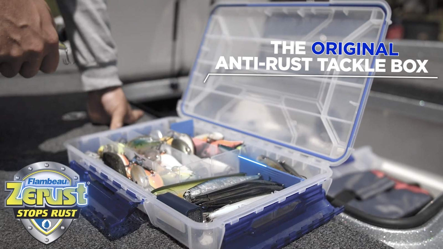 Flambeau Outdoors 4007 Tuff Tainer Fishing Tackle Box with Zerust Anti-Rust Dividers - Includes 12 Dividers, 24 Compartments, Clear Fishing Lure Organizer - 11" x 7.25" x 1.75"