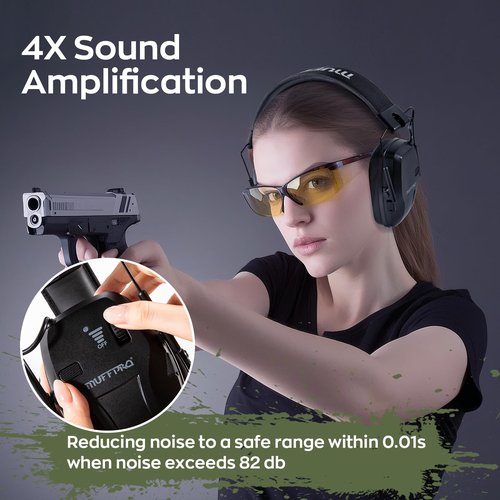 Muffpro Rechargeable Shooting Ear Protection with Sound Amplification Electronic Earmuffs for Noise Reduction, Active Noise Canceling Ear Muffs for Hunting Black