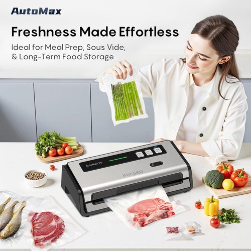 FRESKO Food Vacuum Sealer with Automatic Bag Detection, Double Heat Seal, Built-in Bag Roll Storage & Cutter, 2 Rolls Bags, Starter Kit