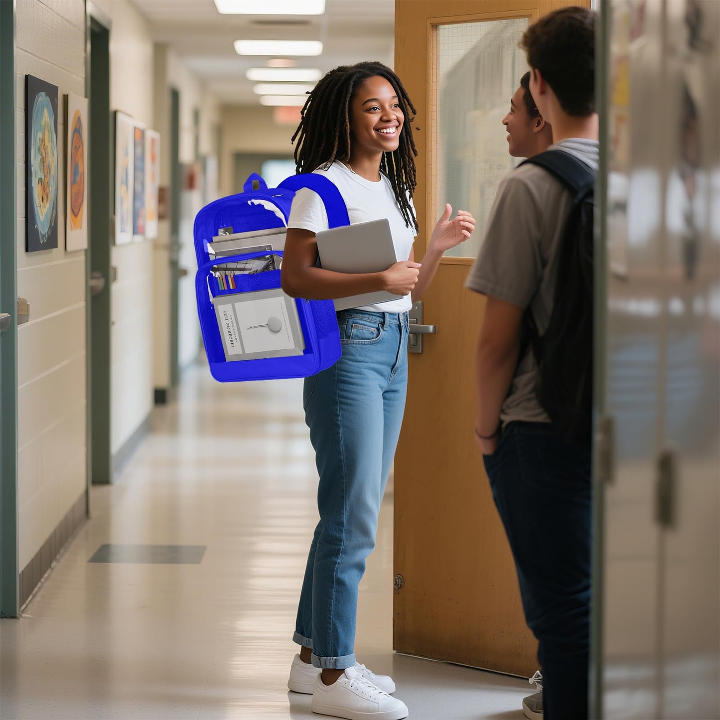 BrillaraSymn Heavy Duty Clear Backpack for School, Sturdy Fabric Clear Bookbag, Transparent PVC & Oxford Backpacks with Privacy Pocket for Boys Girls,Men & Women, Blue