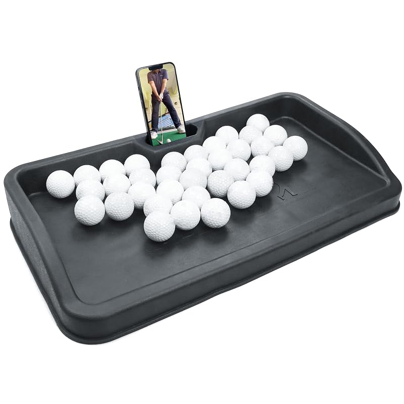 Heavy Duty Golf Ball Tray with Cell Phone Holder, 100 Ball Capacity, Black - Compatible with All Hitting Mats