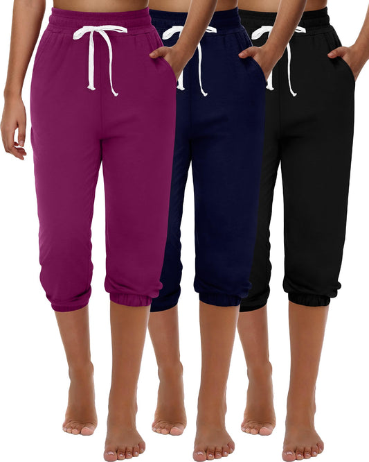 Ficerd 3 Pcs Women's Capri Sweatpants Joggers Casual Sports Cropped Lounge Pants High Waisted Athletic with Pockets (Black, Purple Red, Navy Blue,XLarge)