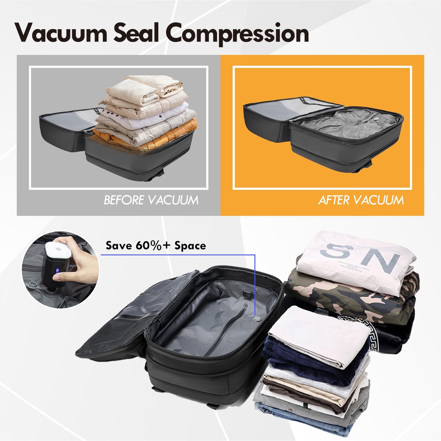 IKYWT Vacuum Seal Backpack Travel 60L Expandable Air Compression System, Airback Vacpack Backpack TSA Lock Water Resistant Carry-On Luggage (Black, with Pump)