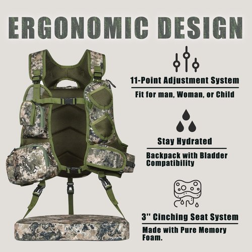 QOGIR Turkey Vest for Hunting: Comfortable Turkey Hunting Colthes with Seat Cushion, Adjustable Hunting Vest with Game Pouch, Hunting Gear for Men &Women, Hunting Accessories