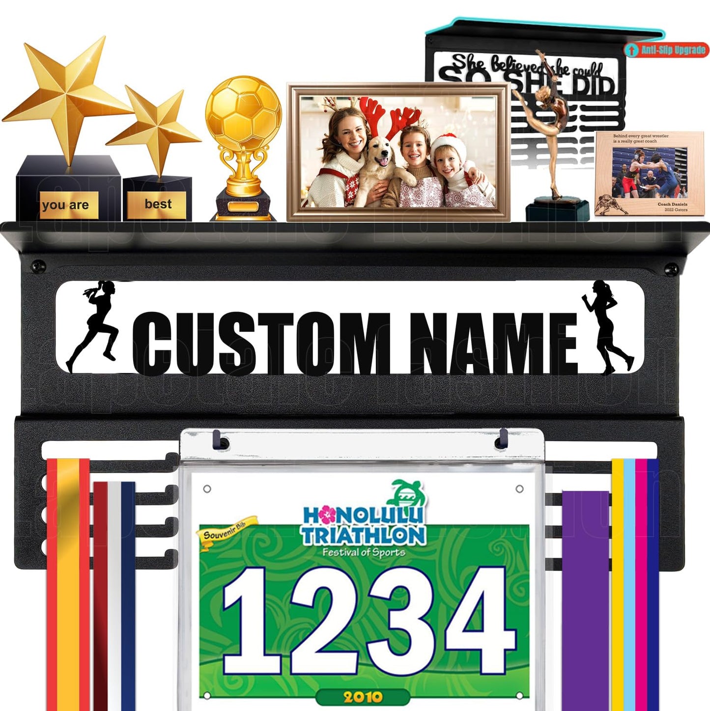 Lapetale Fashion Personalized Medal Holder with Name Display Rack for Awards Ribbons - Metal Custom Sports Race Plaques Hanger for Wall Mount Hold Up 60 Medal Hanger Display for Athlete Boy Girl Kid