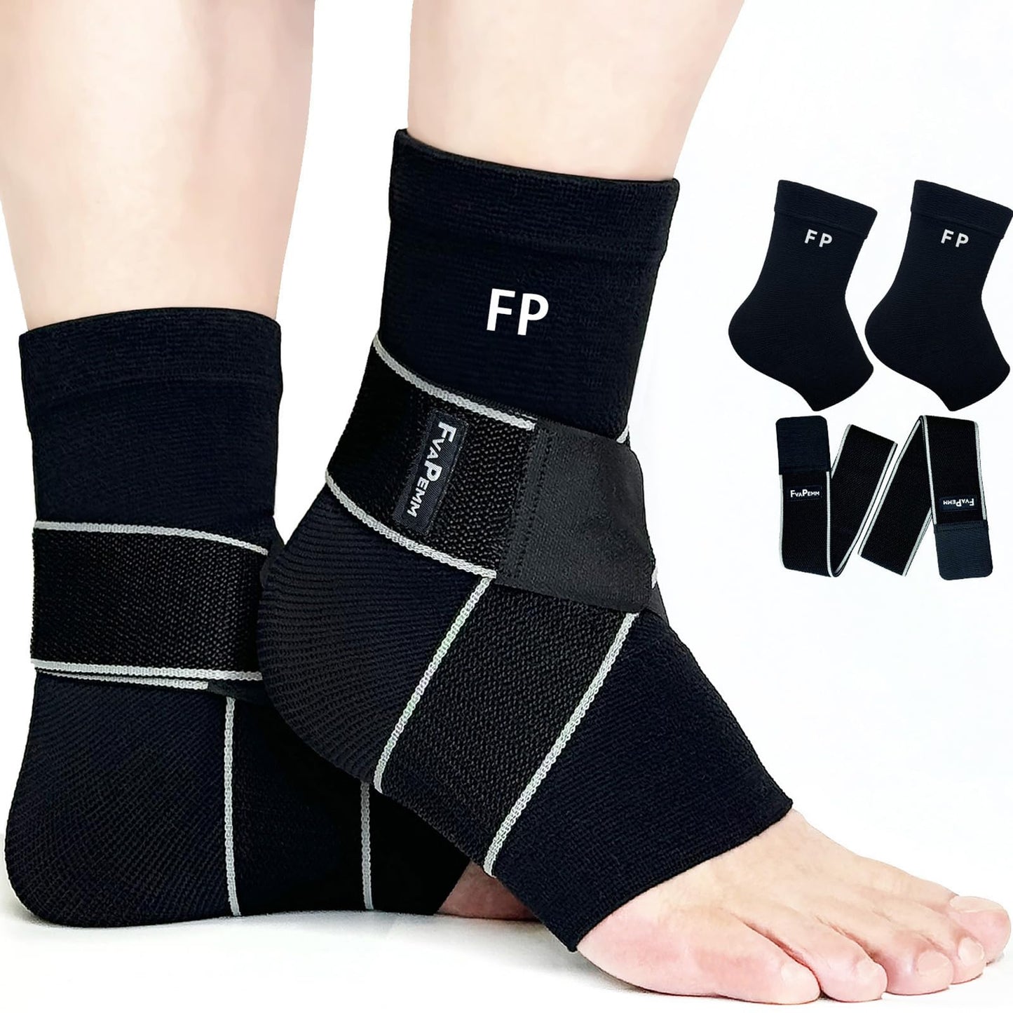FvaPemm Ankle Brace for Women Men, 2 Pack Ankle Compression Sleeve Support Copper Infused Ankle Brace for Sprained Ankle, Plantar Fasciitis Sports, Achilles Tendonitis Pain Relief, Black, S