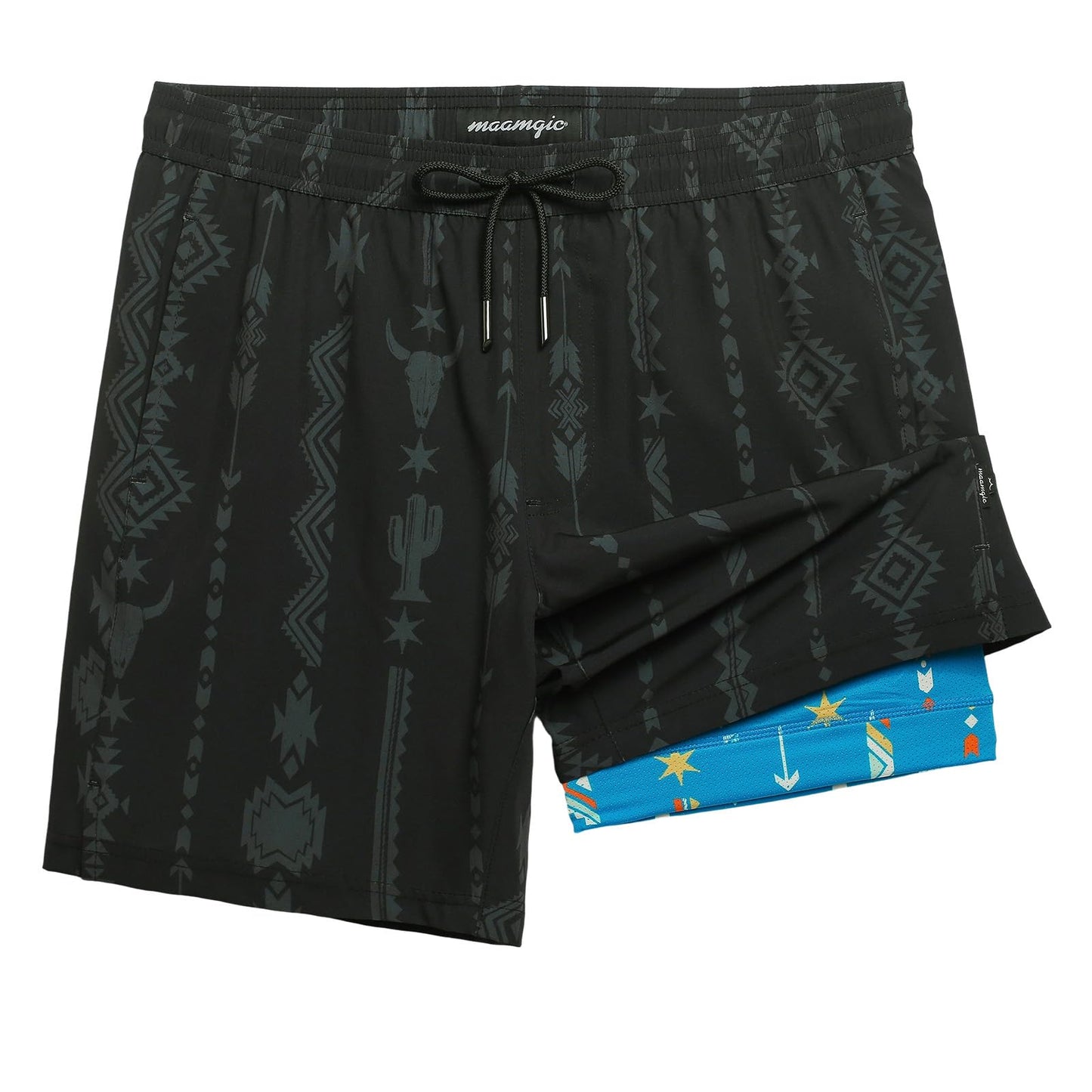 maamgic Mens Swim Trunks with Compression Liner 7 Inch Inseam Mens Bathing Suit Quick Dry Swimming Trunks Swimsuit Folk Pattern Black and Blue XX-Large