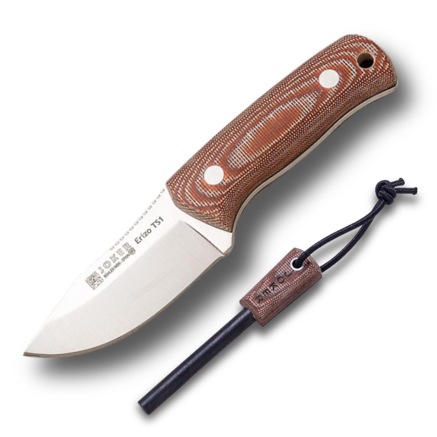 Joker "Erizo TS1 CD81-F Sports Survival Knife, Brown Canvas Micarta Handle, 2.95-inch Blade, Includes Kydex Sheath, 550 Paracord, and Fire Starter, Fishing, Hunting, Camping, and Hiking Tool