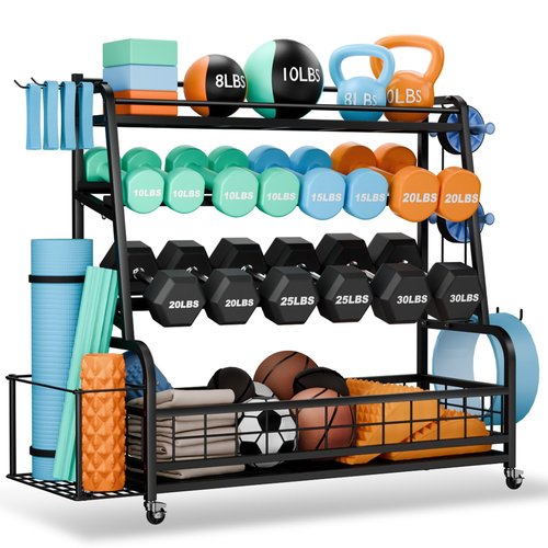 XL Dumbbell Rack Weight Stand - Adjustable Weight Rack for Dumbbells, Home Gym Storage Rack for Kettlebell, Balls,Yoga Mat Storage Holder, Workout Equipment Storage Organizer With Wheels