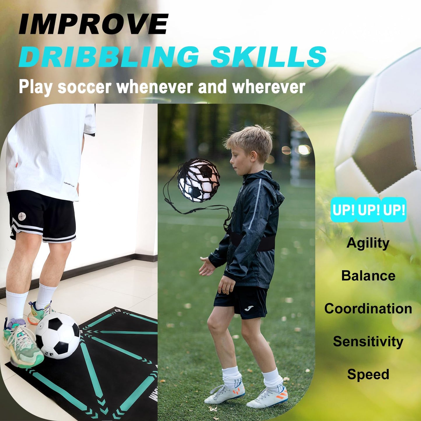 ECENUR Football Footstep Training Mat, Soccer Training Mat 35 * 24IN, Soccer Skills Training Equipment with Storage Bag and Soccer Return Trainer Net (Black-Blue)
