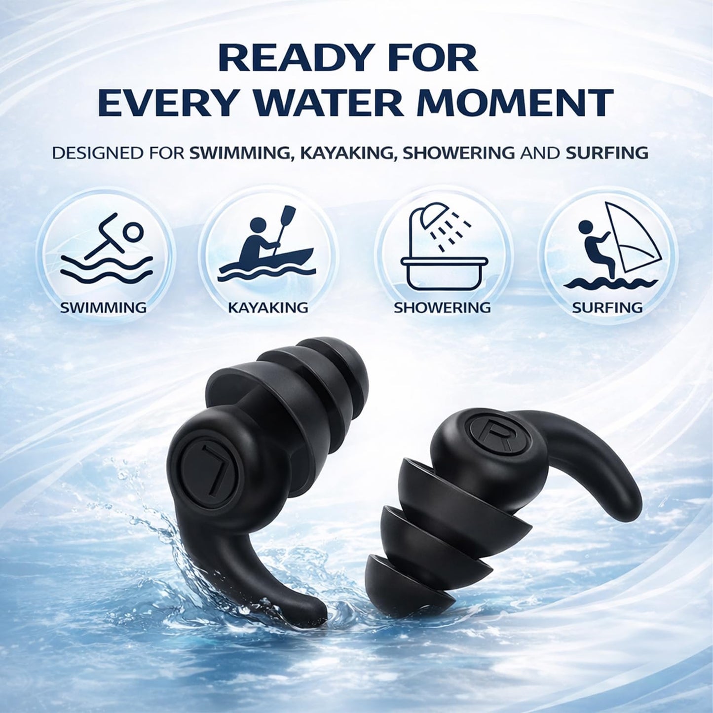 Waterproof Swimming Ear Plugs for Adults, 3 Pairs Reusable Silicone Swimmer Earplugs, Ear Protection for Showering Swimming Bathing Surfing and Other Water Sports