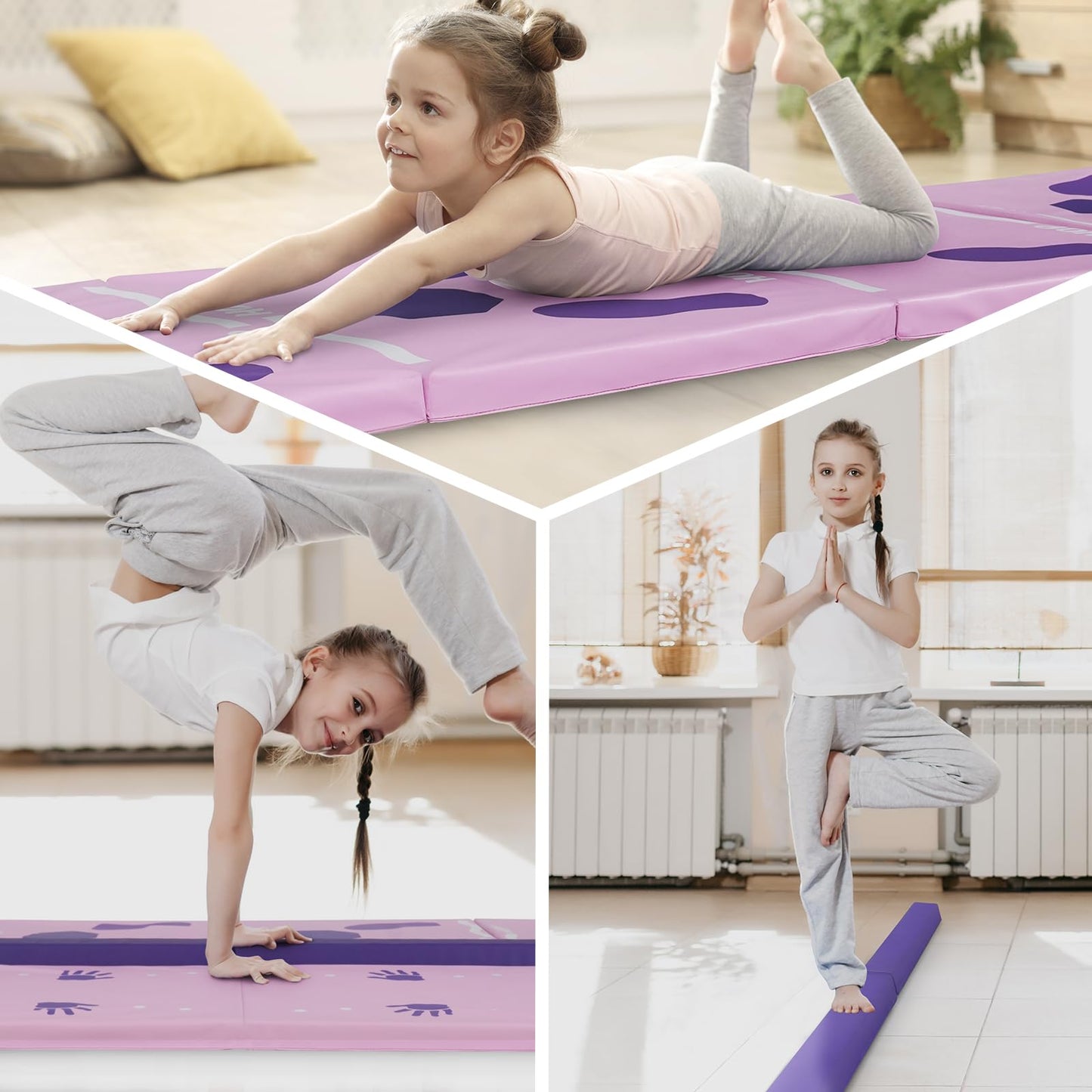 Kangaroo Hoppers Gymnastics Tumbling Mat with Balance Beam - Kids Folding Tumble Mat for Endless Play & Skill-Building, Perfect for Home Gym, Playroom and Backyard Activities, Purple & Pink