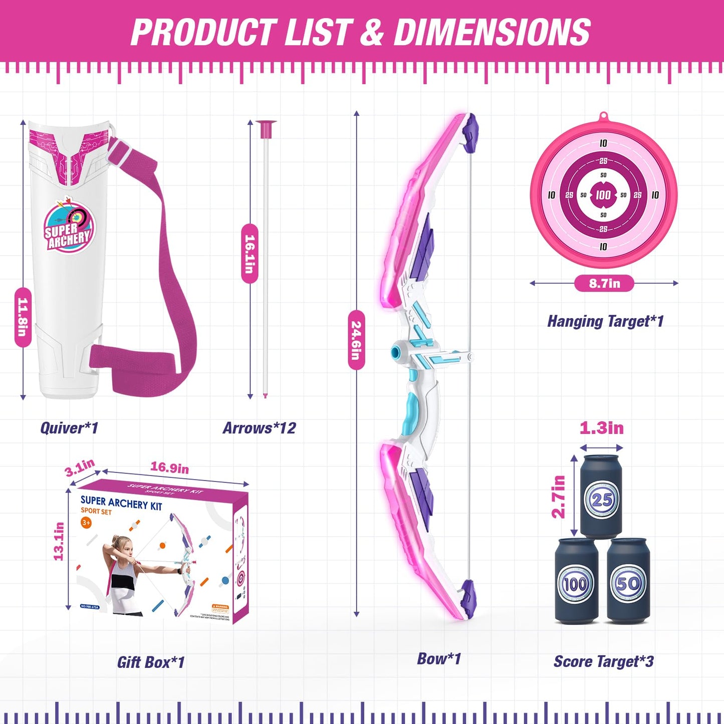 HYES Bow and Arrow for Kids, LED Light Up Archery Set with 12 Suction Cup Arrows, 1 Hanging Target, 3 Score Targets & 1 Quiver, Indoor Outdoor Sport for Boys Girls Ages 4-12, Purple