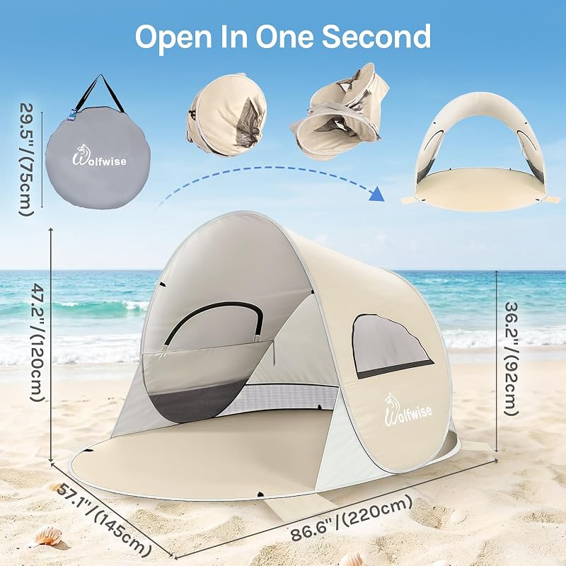 Wolfwise 3 Person Pop Up Beach Tent - Beige, Easy Setup Sun Shade Shelter