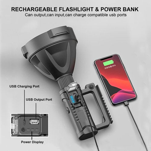 ZEUSFIRE Rechargeable Spotlight Flashlight High Lumens, 3000 Lumens Super Bright Led Searchlight with Tripod and USB Output, IPX5 Waterproof 4 Modes Handheld Spotlight for Camping Hiking