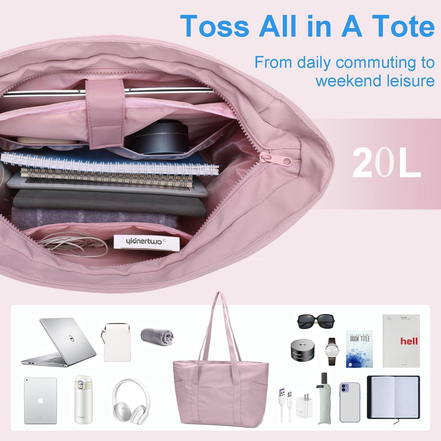 CTWWFS Large Tote Bag for Women with Zipper, Nylon Lightweight Work Tote with 15.6" Laptop Sleeve, Nurse Bag for Work College (Pink)
