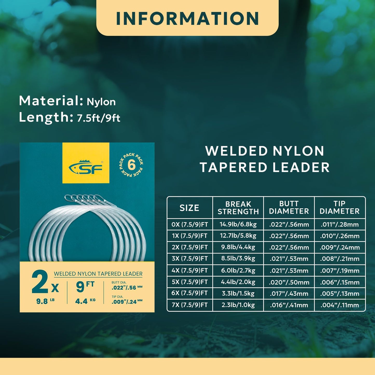 SF Welded Tapered Leader Fly Fishing with Loop Nylon 9ft Fishing Leader (2X 6 Packs)