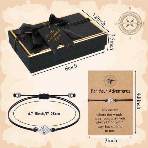 Relaxweex Compass Gift Set Engraved Compass with Chain Souvenir Present Bracelet with Greeting Card Walnut Wooden Box Gift Box for Women Men Friends Party Souvenir Favors(Adventure)