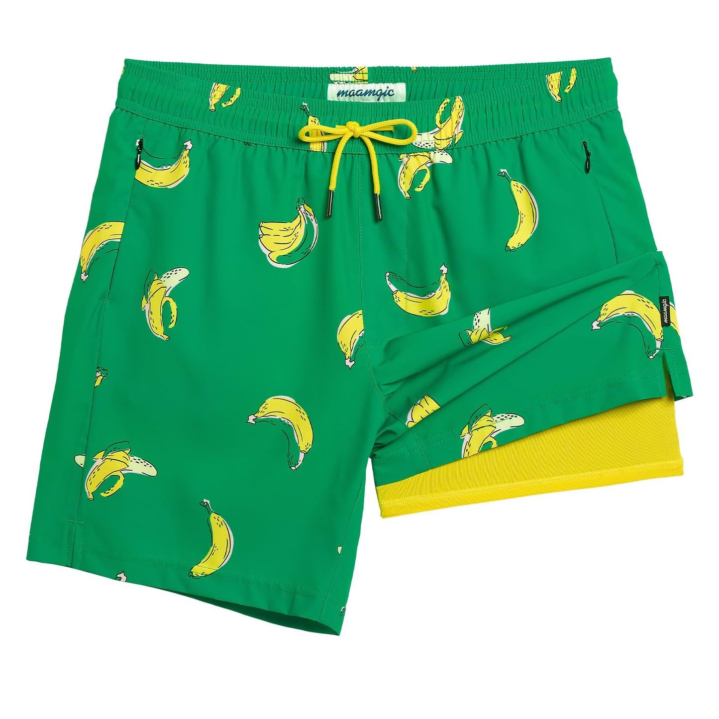 maamgic 2 in 1 Mens Swim Trunks 7 Inch Swim Shorts Swim Suits Board Shorts Falling Banana-Green X-Large