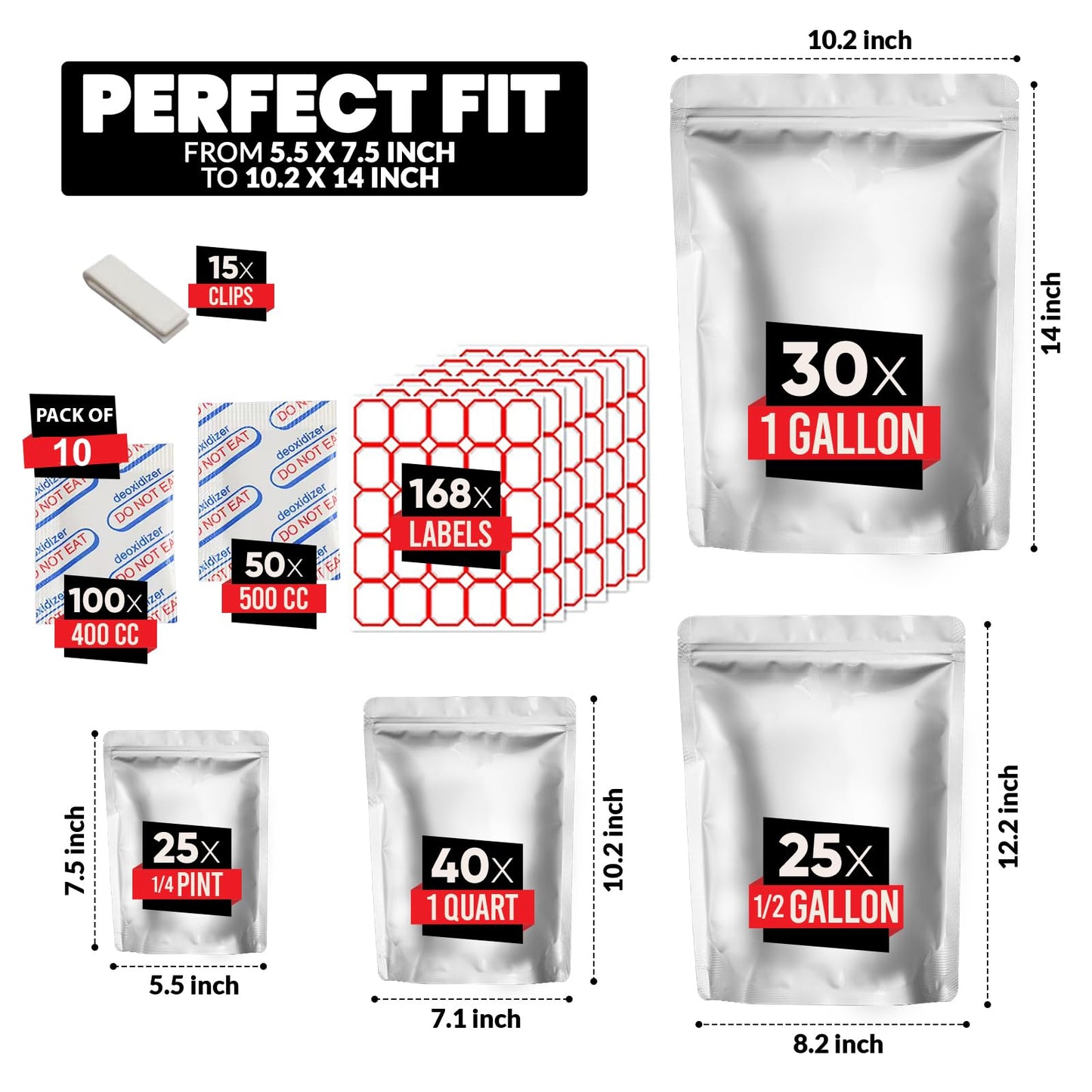 120 Mylar Bags with 150 Oxygen Absorbers-168 Labels & Stand-Up Reusable 4 Sizes Airtight Smell Proof Resealable Bags with 15 Clips-11 MIL Food Storage Large Mylar Bags
