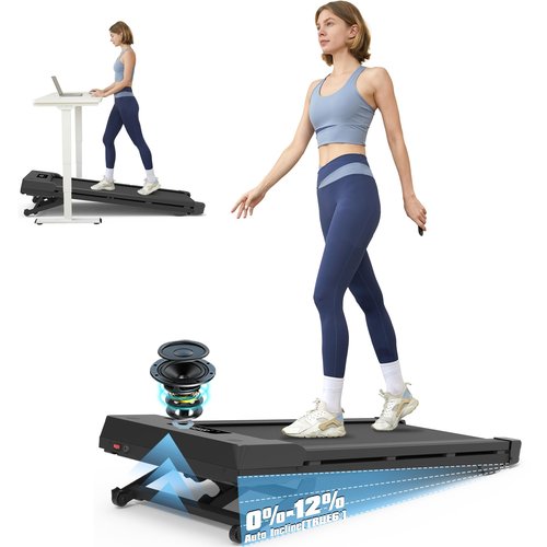 PACEROCKER Walking Pad Treadmill with 12% 9-Level Auto Incline, 450 lbs Capacity Bluetooth Speaker Under Desk Treadmills for Home Hiking, 5 MPH, Black
