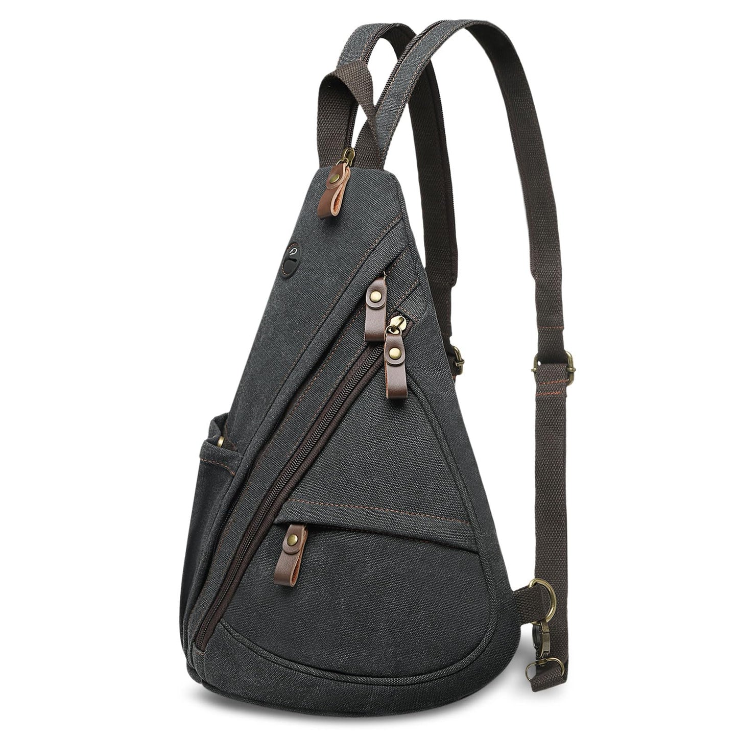 SUIKIHUM Vintage Canvas Sling Bag with Genuine Leather Zipper, 3 in 1 Crossbody, Backpack, and Chest Bag, for Travel, Hiking, 16x10x6 Inches, Black
