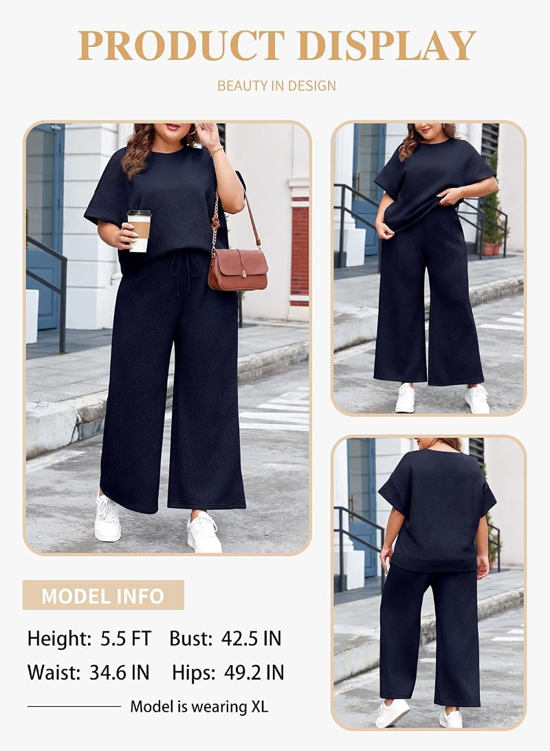 Eytino Plus Size 2-Piece Tracksuit Set Navy Blue - Short Sleeve Top, High-Waist Wide-Leg Pants (1X-5X) Variation: Navy Blue+3X