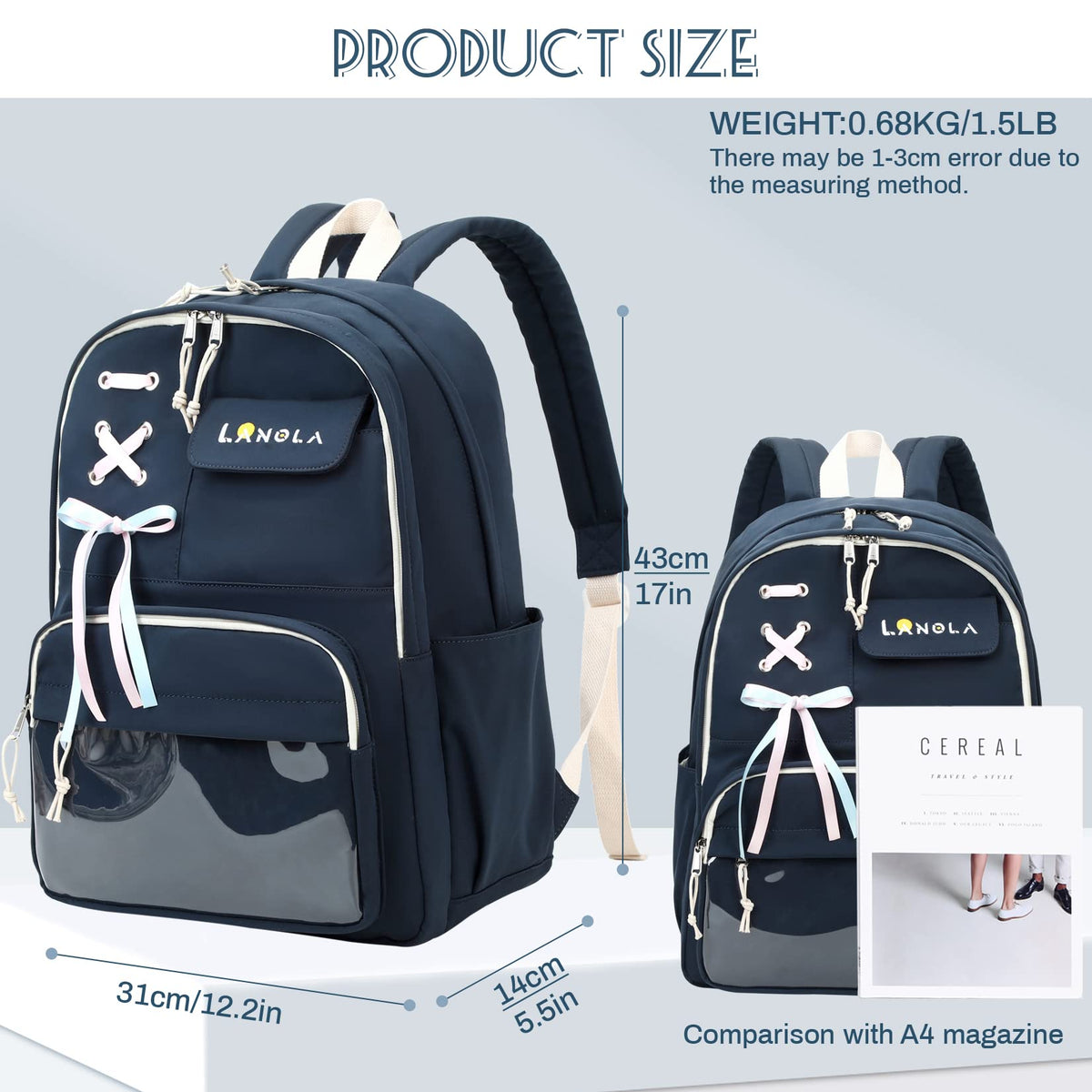 Lanola Teen Girl School Backpack Casual Daypack Bookbag Elementary Middle School College Fashion Travel Backpack with Cute Ribbon for Girls - Dark Blue