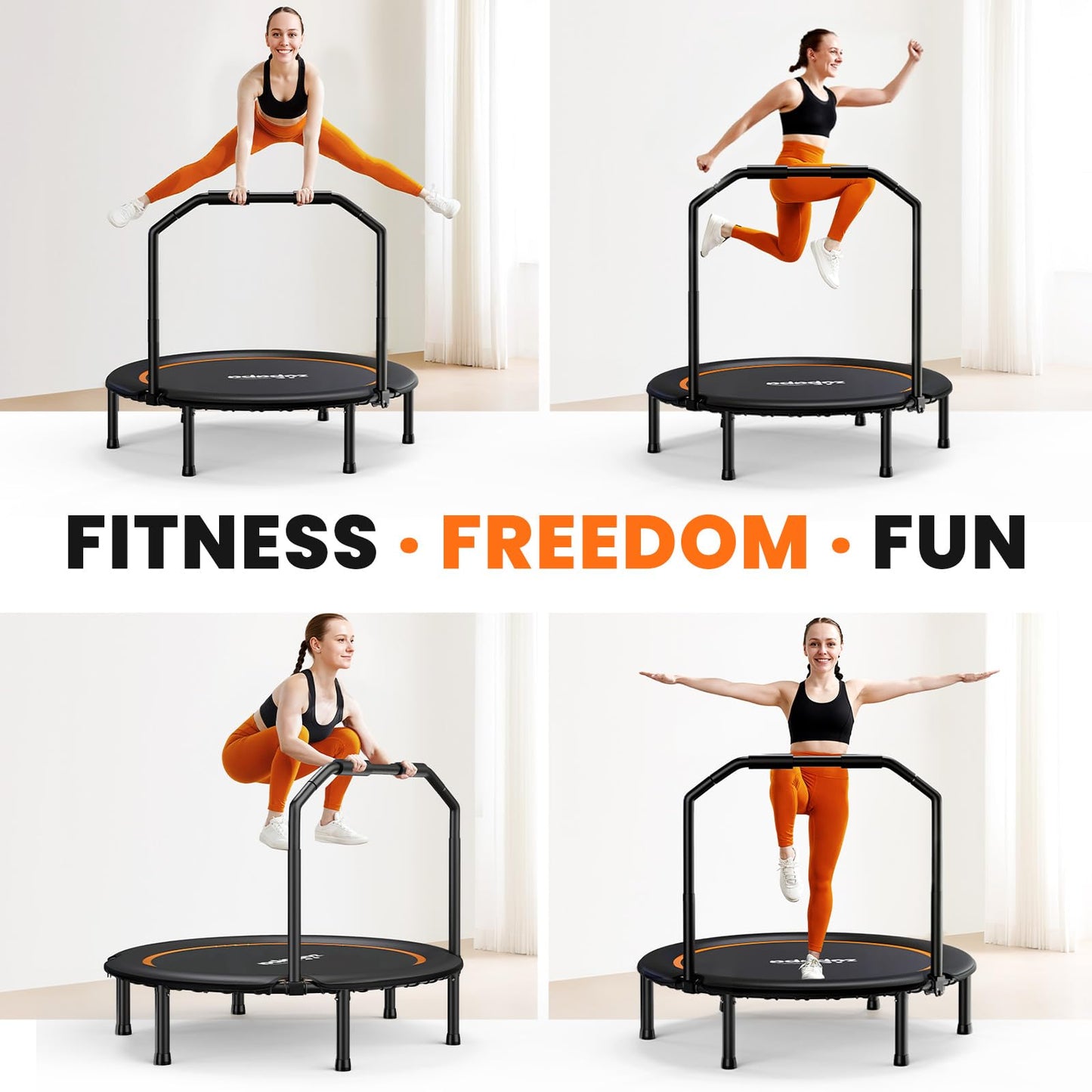 Zupapa 48in Foldable Rebounder, 550LBS Fitness Trampoline with Durable Bungees, Adjustable Handle, Stable & Quiet Exercise Rebounder for Adults, Great Exercise Trampoline for Home/Gym Workout