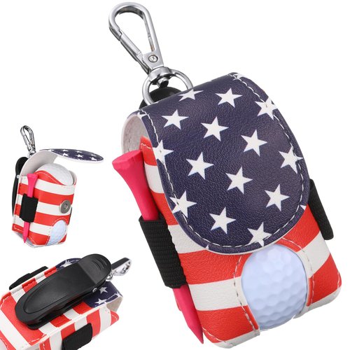 Abbylike Leather Golf Bag Tee Holder American Flag Golf Pouch with Keychain Clip Mini Ball Pouch Bag Gift for Dad Independence Day Style Stuff