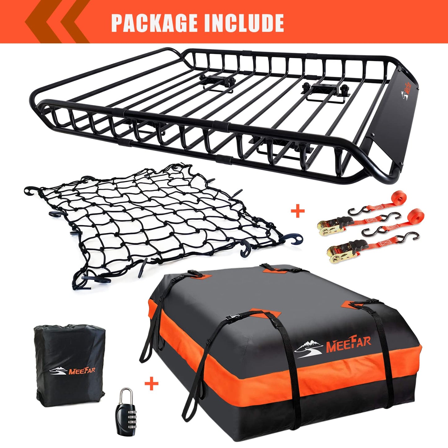 Roof Rack Cargo Carrier Basket 51"*36"*5"+Waterproof Bag 15 Cubic Feet(44"*34"*17"),and Cargo Net with Attachment Hooks,Ratchet Straps.200 Lbs Capacity,Universal Rooftop Large Size Roof Rack