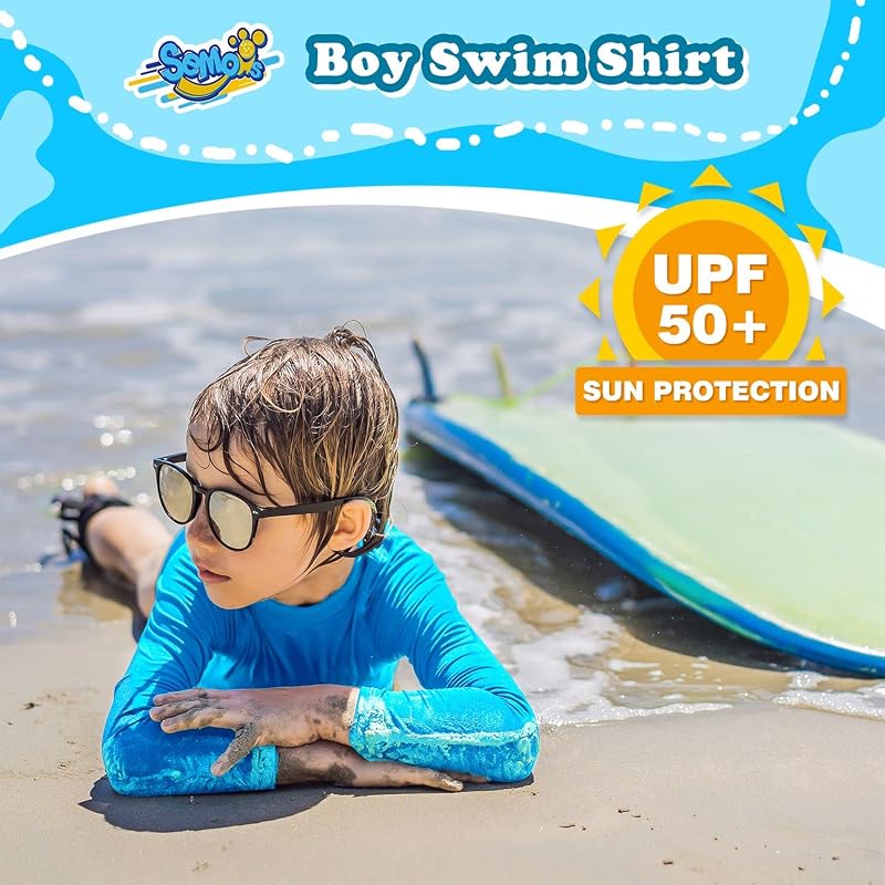Semois Kids Rash Guard Long Sleeve UPF 50+ Sun Shirt - Blue, 10-12 Years