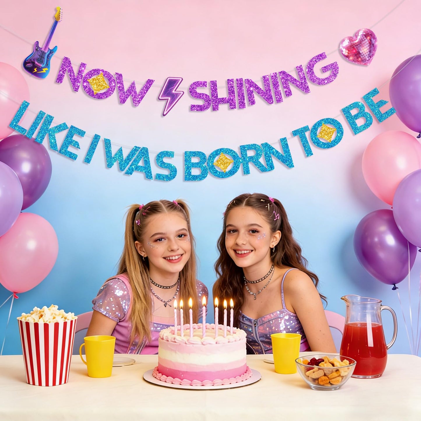 Hunters Birthday Decorations Banner - Now Shining Like I Was Born to Be Glitter Bunting, Kpop Demon Theme Party Decorations for Fans, Party Supplies with Ribbon & Needle