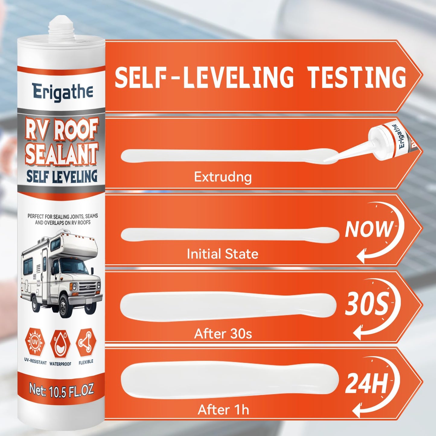 Erigathe Self-Leveling RV Roof Sealant, Lap Caulking for Camper & Trailer, Heavy-Duty Flex, Waterproof, 15 Min Set Time for Repairs (2-10.5 fl oz White)