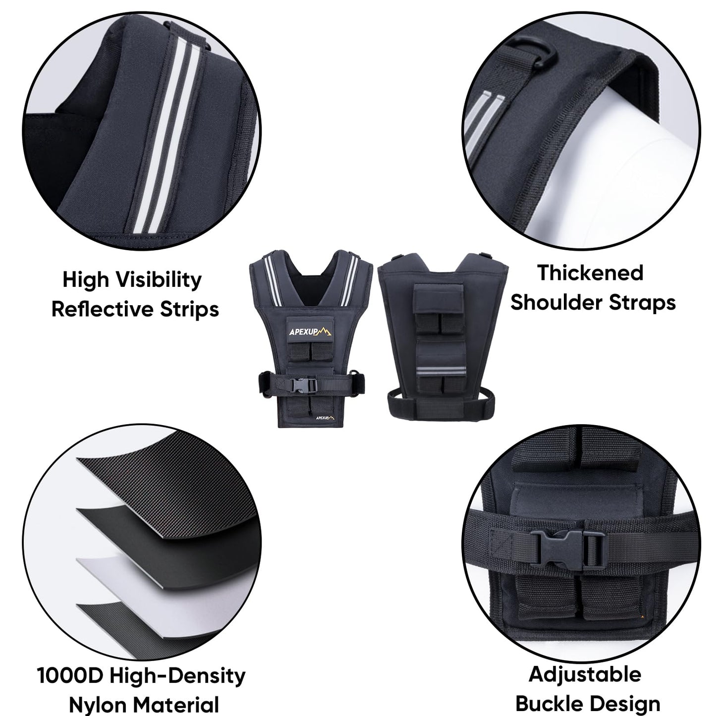 APEXUP Adjustable Weighted Vest Men 20lbs/30lbs/40lbs Weights with Reflective Stripe, Weight Vest Woman Workout Vest for Strength Training Running Walking (20 lbs, Black)