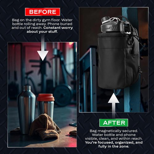 Rlyqant Magnetic Gym Bags for Men & Women, Magnetic Water Holder for Gym with 5 Built-In Magnets & Phone Pouch, Sling Bag Carrier for Fitness, Travel, Sports | Keep Items off Floor B006