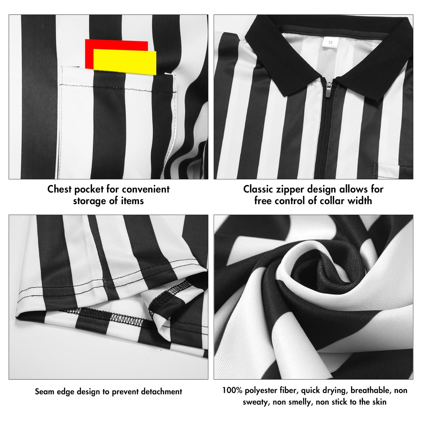 5 Pcs Men's Referee Costume Kit White and Black Stripe Referee Shirt Womens Official Referee Hat Stainless Whistle Yellow Red Penaltys Flag for Football Soccer Halloween L