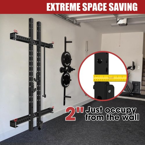 Mikolo 2" x 2" Folding Wall Mounted Squat Rack, 1000 Pounds Capacity Power Rack with Pull Up Bar, J Hooks, Landmine and Other Attachments, Space-Saving Home Gym(Black