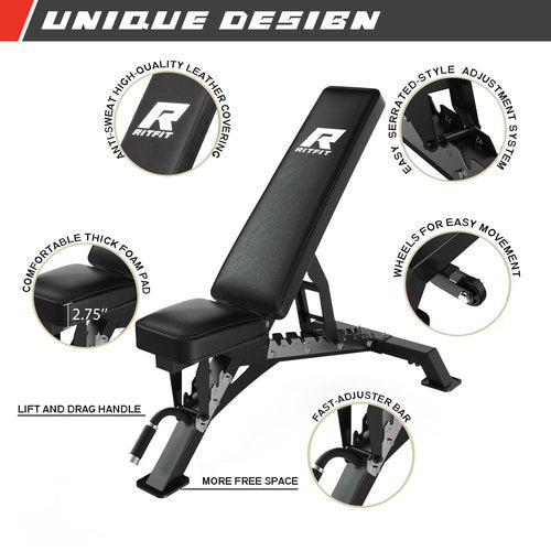 RitFit Squat Rack Power Cage Home Gym Package, Includes 1000LBS Power Rack with Cable Crossover System, Weight Bench, Weight Plate Set with Olympic Barbell (Package 1.6K (Bumper Plate 230LBS))-Black
