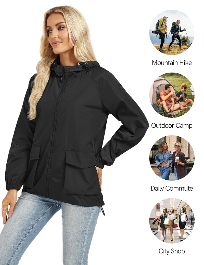 Avoogue Lightweight Packable Hooded Rain Jacket for Women - Black, Small