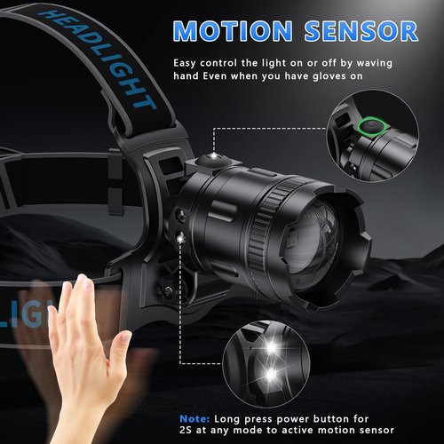 YNYS Led Headlamp Rechargeable 3000 Lumens Super Bright,4 Colors(BU/WH/YE) & UV Head Lamp with Motion Sensor &Zoomable,90°Adjustable & IPX7 Waterproof Headlight for Fishing,Hard Hat,Camping,Hunting