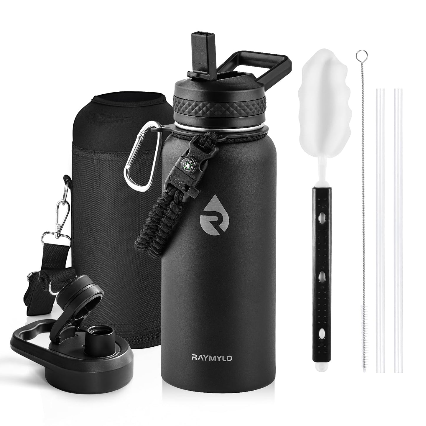 RAYMYLO Insulated Water Bottle 32 oz, Triple Wall Vacuum Stainless Steel (Cold for 24Hrs, Hot for 12Hrs), Leak Proof & Non-BPA, Modern Water Flask Jug with Paracord Handle & Straw Spout Lids