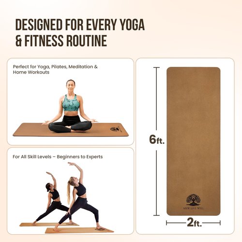 MHW - Live Well Cork Yoga Mat Thick | Non Slip Yoga Mat With Bag | Large Thick Extra Wide And Long | Eco Friendly Yoga Mat Non Toxic | Natural Rubber Mat | Foldable Mat With Strap