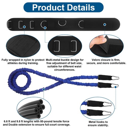 Kafilc zone defense basketball bungee training Kit 1 Belt 6.6ft & 9.8ft Resistance Bands, Ideal for coaches and young basketball enthusiasts, used for basic stance, movement and team defense training