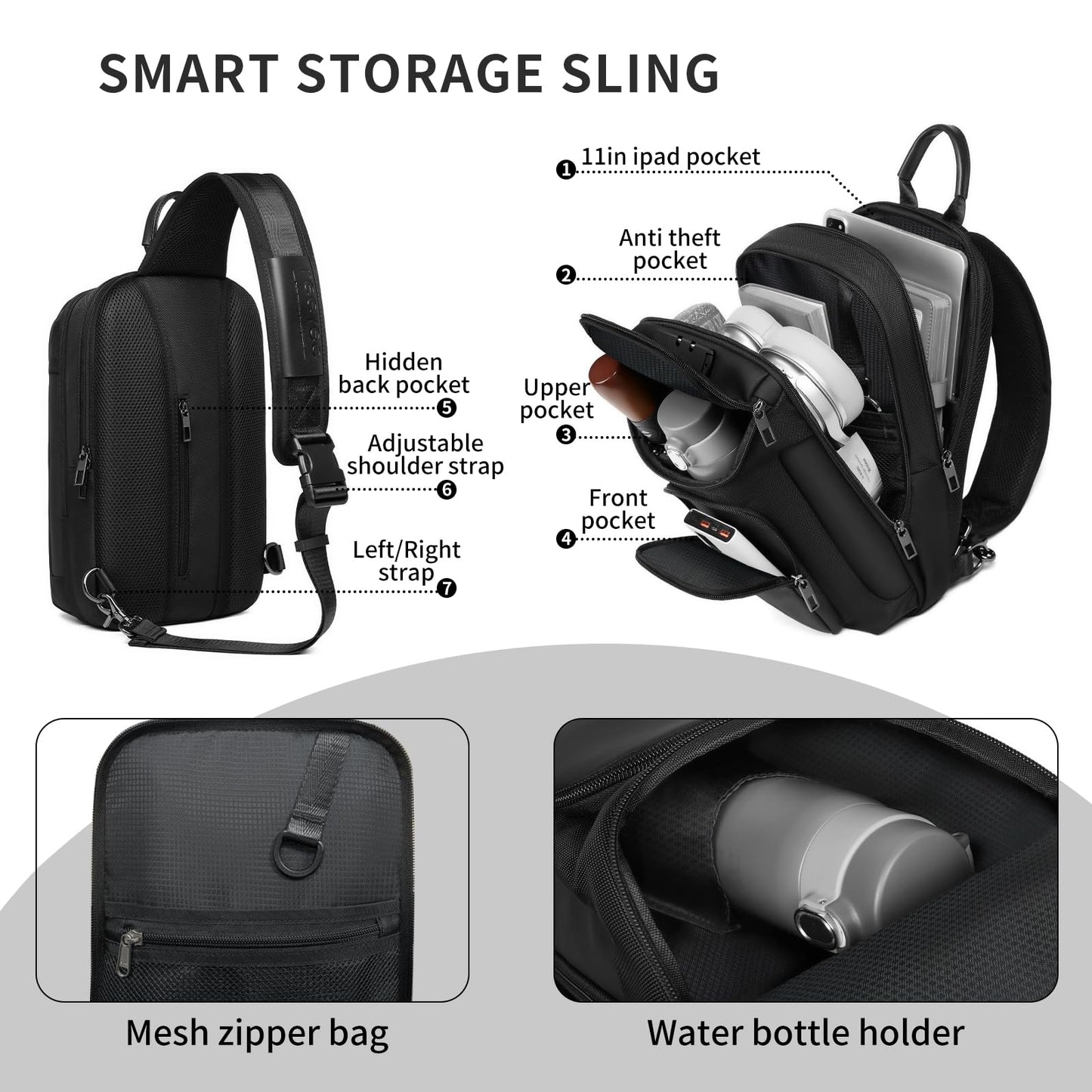 UMydeal Sling Bag for Men, Anti Theft Sling Backpack, Mens Crossbody Bag, Shoulder Chest Bag for Travel, Casual (Blue, Small)