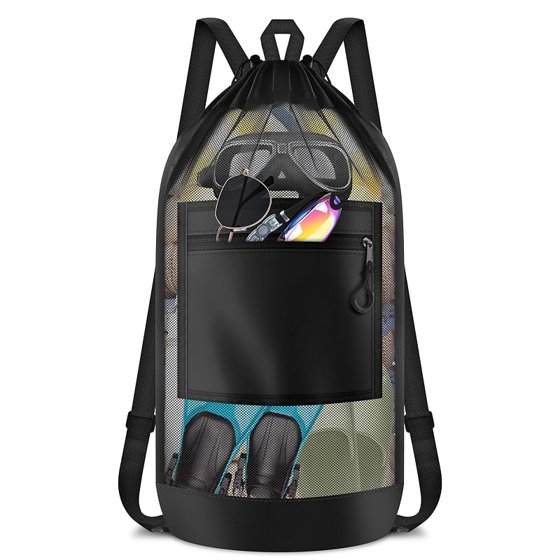 Drawstring Mesh Backpack with Pocket – Gym & Beach Bag, Black - 1pc