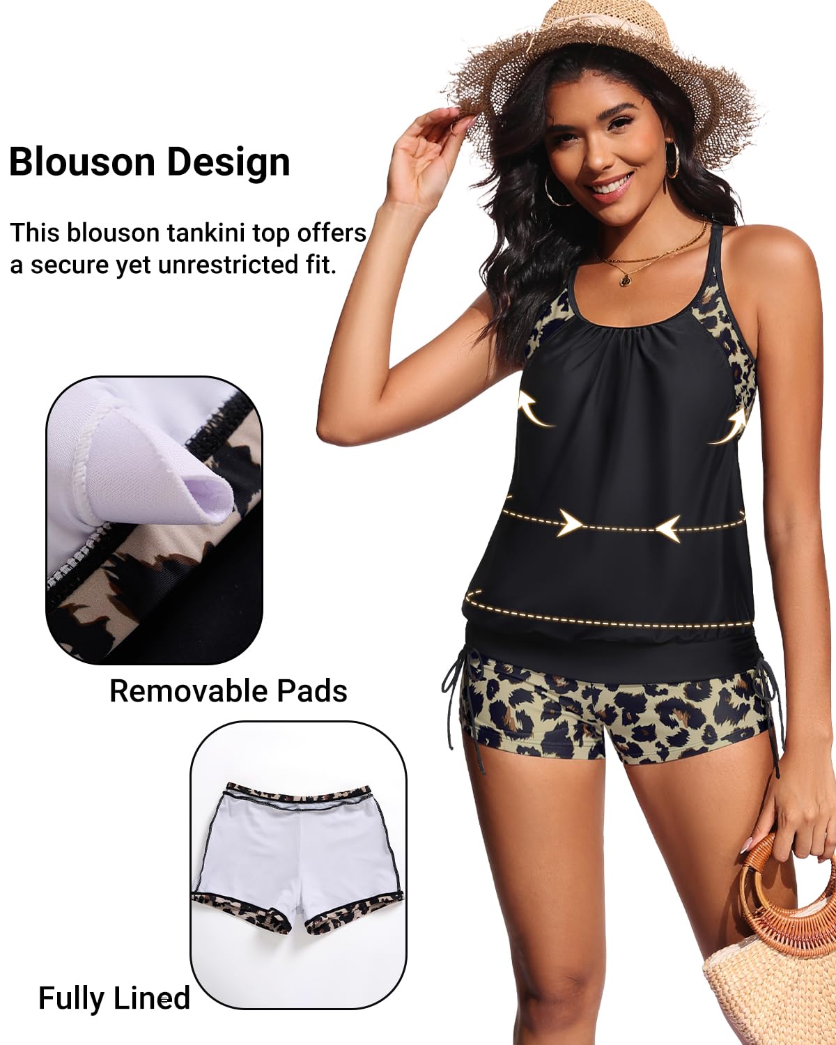 Holipick Leopard and Black Tankini Swimsuits for Women Two Piece Tummy Control Bathing Suits Blouson Tankini Top with Sporty Boy Shorts M