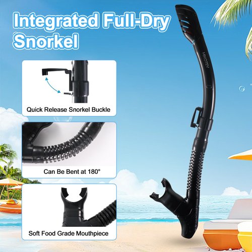 HIKOTEY Snorkeling Set for Adults, Full Dry Snorkeling Mask Set for Adults, Anti-Fog Protection, Unisex,HD Panoramic View (Black)